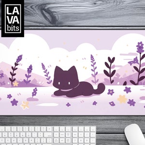 Purple Cat Desk Mat Aesthetic Cute Desk Mat Cat Desk Decor Kawaii XL Mousepad Cat Deskmat Mouse Pad Kawaii Desk Mat Mouse Pad Cat