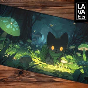 Mushroom Deskmat Anime Cat Mouse Pad Cute Dark Green XL Mousepad Cat Desk Decor Extended Mouse Pad Cat Keyboard Mat Oversize Desk Pad