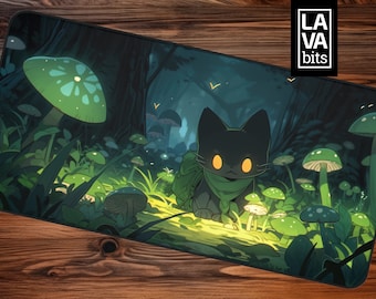 Mushroom Deskmat Anime Cat Mouse Pad Cute Dark Green XL Mousepad Cat Desk Decor Extended Mouse Pad Cat Keyboard Mat Oversize Desk Pad