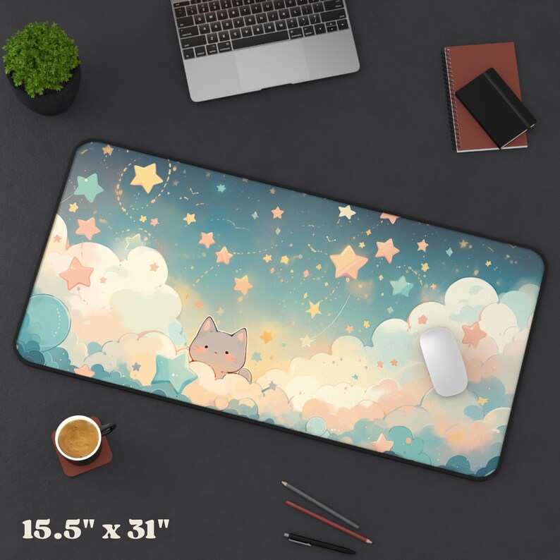 Puede incluir: Un rat&oacute;n de ordenador azul y blanco con un lindo gato de dibujos animados en las nubes y estrellas. El rat&oacute;n mide 39,37 cm por 78,74 cm.