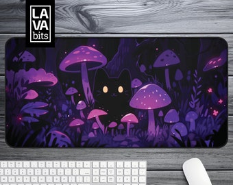 Mushroom Deskmat Anime Cat Mouse Pad Cute Purple XL Mousepad Cat Desk Decor Extended Mouse Pad Cat Keyboard Mat Oversize Desk Pad