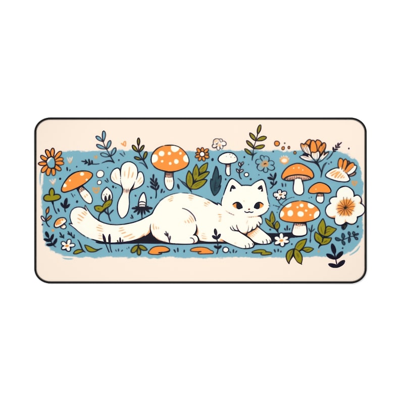 May include: A rectangular mousepad featuring a white cat lying down amidst a whimsical garden scene. The design includes orange and white mushrooms, flowers, and green foliage against a light blue background. The cat has orange eyes and a long tail.