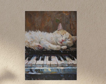 May include: A painting of a sleeping cat on a piano. The cat is white and orange, with its eyes closed. The piano keys are black and white. The background is a mix of brown and beige.