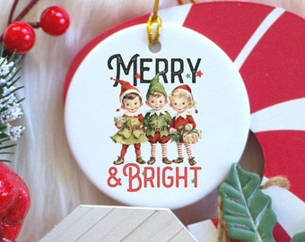 Vintage Style Christmas Tree Ceramic Ornament, Merry and Bright Ornament, Christmas Elves, Vintage Style Christmas Ornament