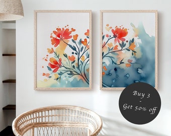 Contemporary Split Wall Art Set of 2 Spring Flower Pattern Prints, Boho Decor, Downloadable Sketch Abstract water color Download Printable