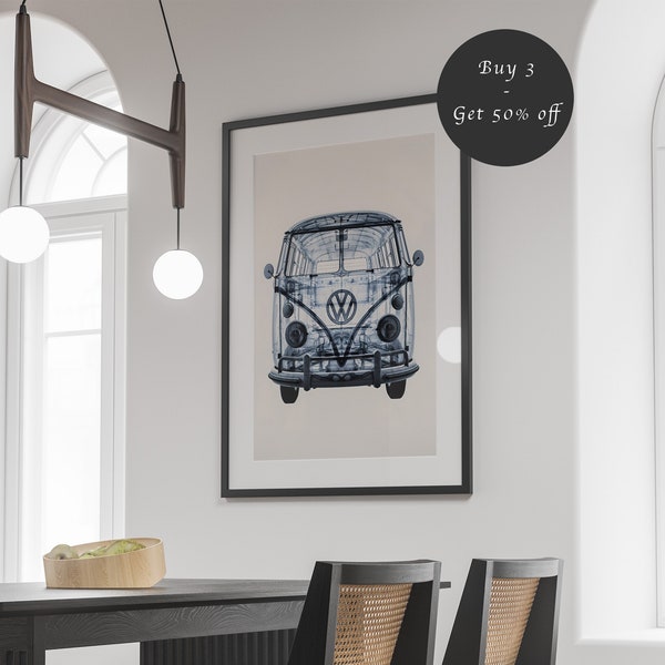 Retro VW Volkswagen Bus Wall Art X-ray Car Print Poster Decor, Technical Modern, Bully, Car, Trending, Boho, Digital Download Printable