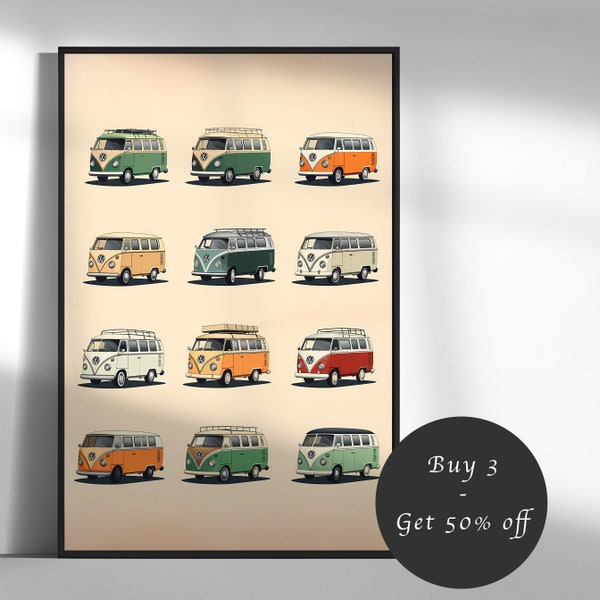 Retro VW Volkswagen Bus Wall Art Vintage Car Print Poster Decor, Mid-Century Modern, Bully, Car, Trending, Boho, Digital Download Printable