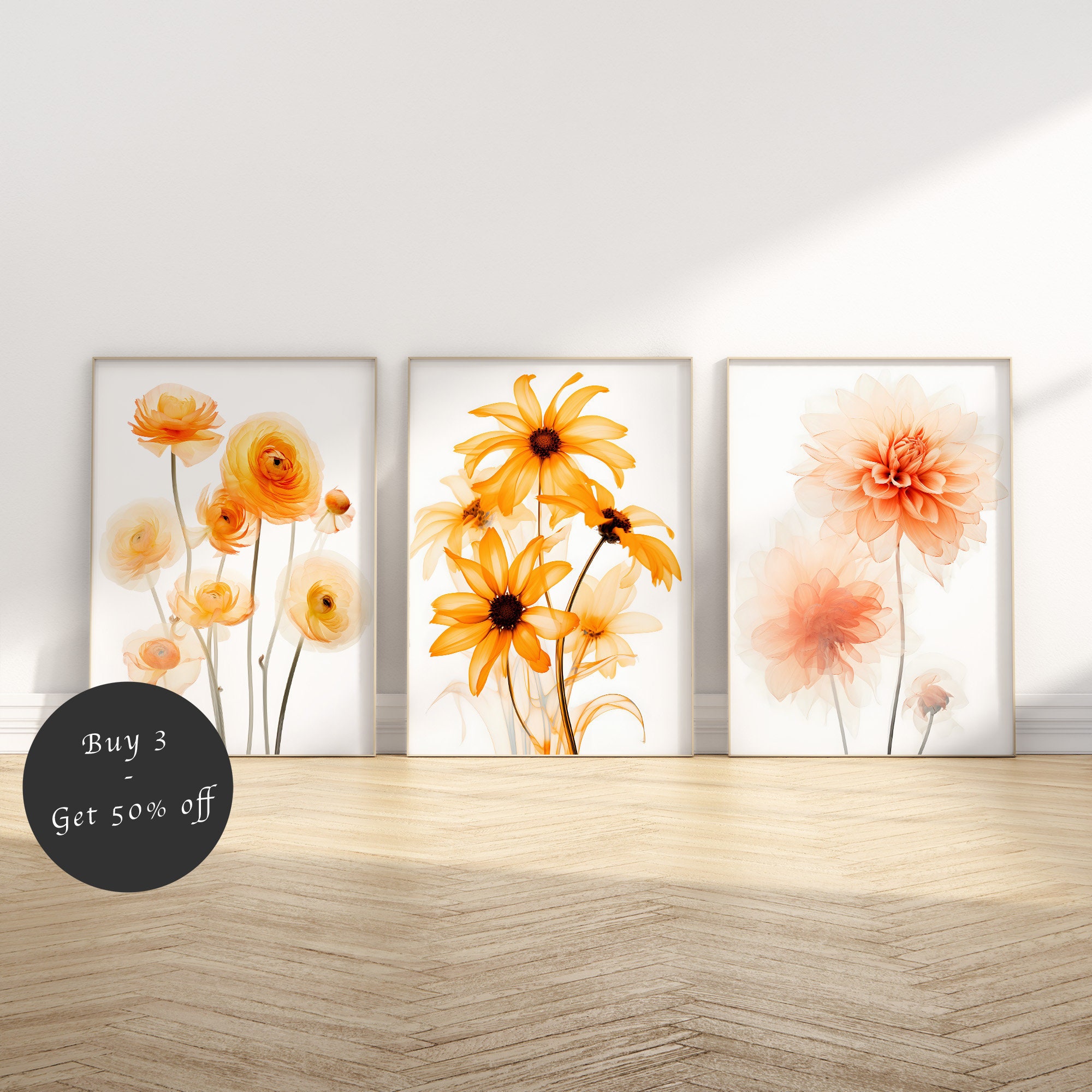 Modern Wall Art Set of 3 Flower Prints, Ranunculus, Rudbeckia ...