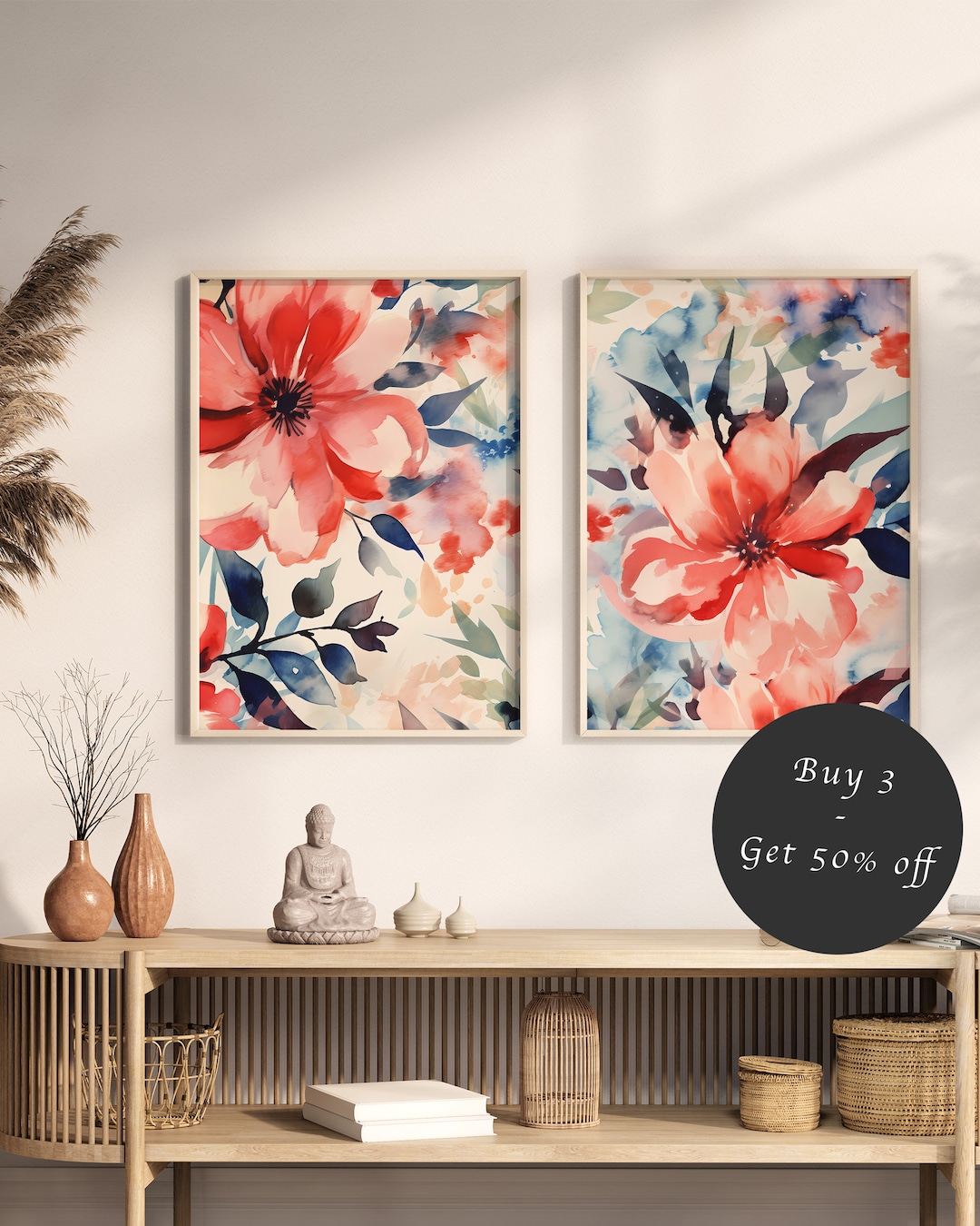 Contemporary Split Wall Art Set of 2 Spring Flower Pattern Prints, Boho