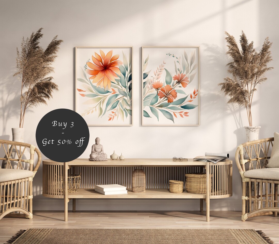 Contemporary Split Wall Art Set of 2 Spring Flower Pattern Prints, Boho