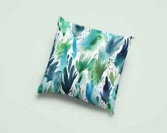 Square pillow comfortable throw cushion with colourful blue and green watercolour design with green back