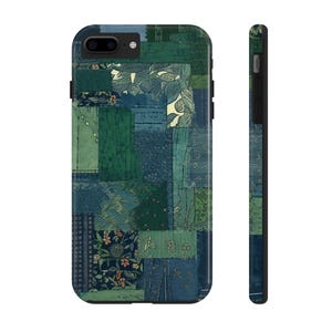 Phone case tough impact resistant lightweight protective with a colourful green blue denim patchwork design