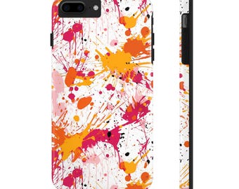 Tough impact resistant lightweight protective phone case with a colourful orange pink and yellow paint splatter design