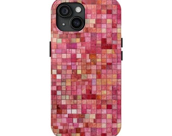 iPhone 15 and Samsung tough phone case mosaic tile pink