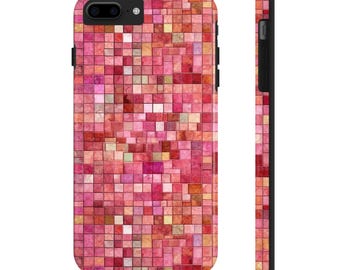 Tough impact resistant lightweight protective phone case with a colourful pink mosaic tile design