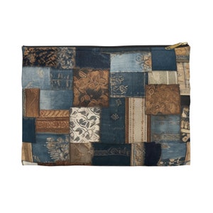 Accessory Pouch with brown denim patchwork pattern travel case cosmetic bag pencil case