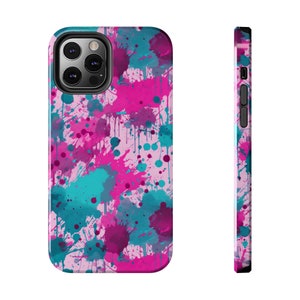 May include: A pink and blue phone case with a splatter paint design. The case is designed for an iPhone.