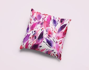 Square pillow comfortable throw cushion with colourful pink and purple watercolour design with pink back