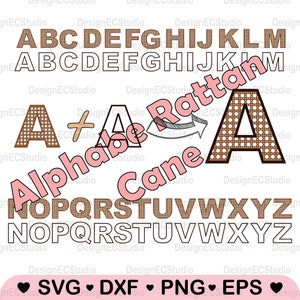 May include: A brown alphabet with a woven pattern, with the letter A highlighted. The word "Alphabe" is written in pink with the words "Rattan" and "Cane" written in pink with arrows pointing to the letter A. The alphabet is also shown in black outline.