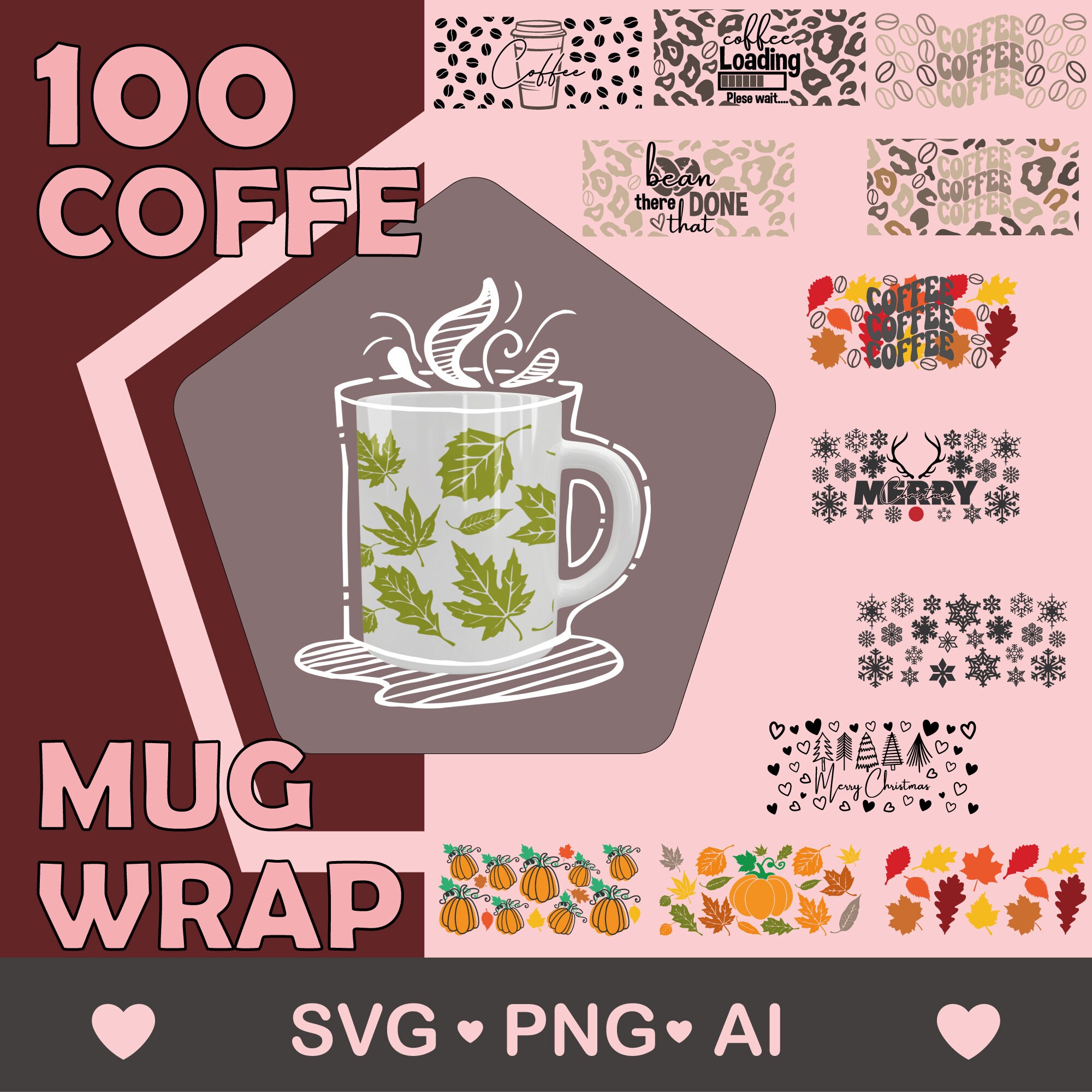 Digital Coffee Mug Wrap Templates - Set of 100 - Svg, Png, Ai - Ideal for Laser Cutting, Printing, and Plotters