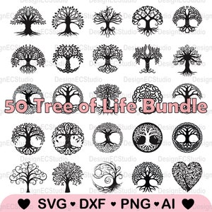 Puede incluir: Una colección de 50 diseños del Árbol de la Vida en negro, con varios estilos y formas. Los diseños incluyen detalles intrincados y son adecuados para proyectos de arte digital. La imagen también incluye el texto "50 Tree of Life Bundle" e iconos de tipo de archivo.