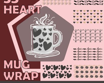Modelli di involucri per tazze a forma di cuore digitale - Set di 35 - SVG, PNG, AI - Ideali per taglio laser, stampa e plotter