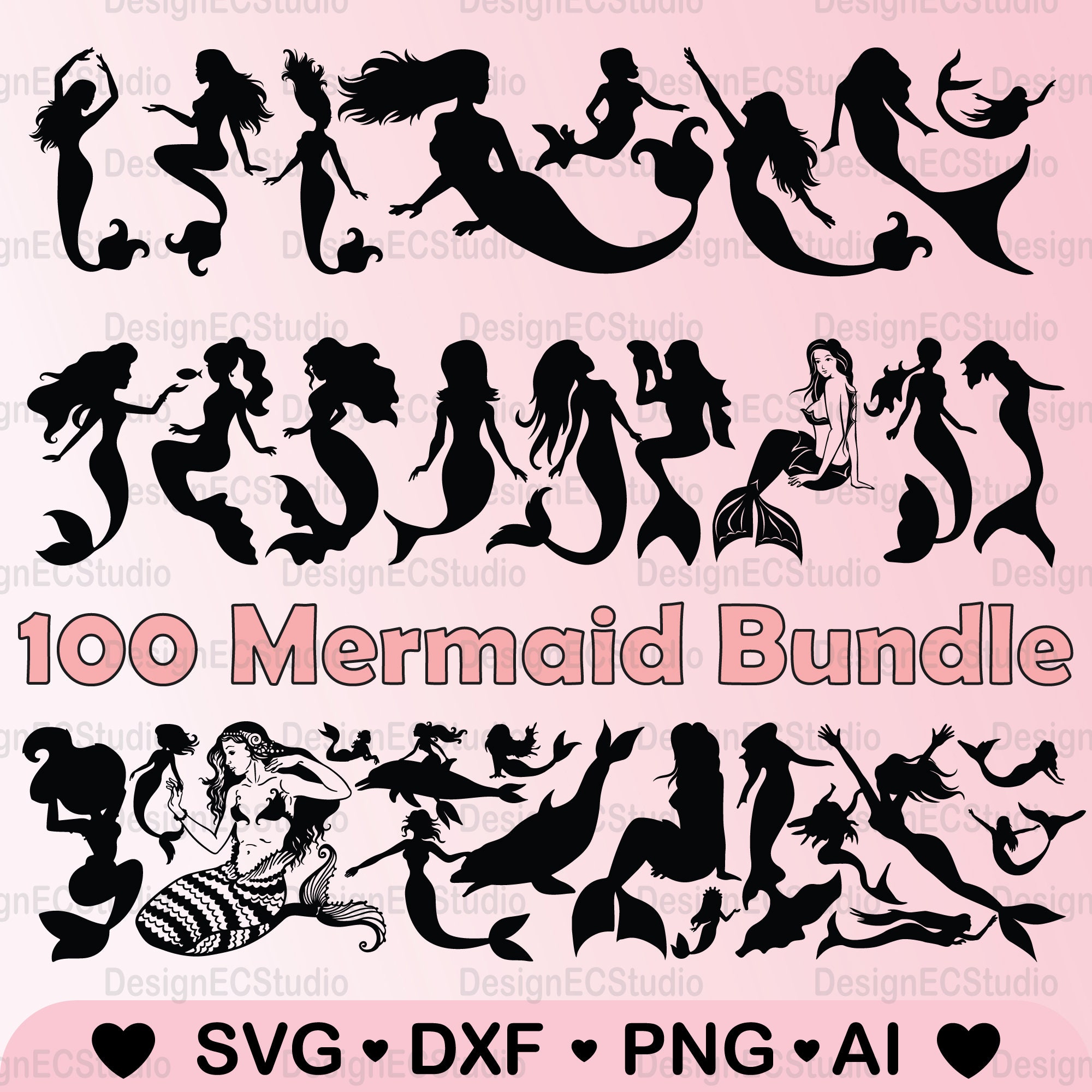 100 Mermaid Silhouette Bundle Digital Files Svg Dxf Eps Png, Printable Download DIY Paper, For Vinyl Cutting, For Laser Cutting, Ocean,