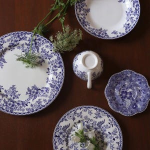 Vintage Fine China Porcelain Dinnerware Set, Blue Botanical Ceramic Dinner Plates Teacup Elegant Home Decor Kitchenware Wedding Gift for Her