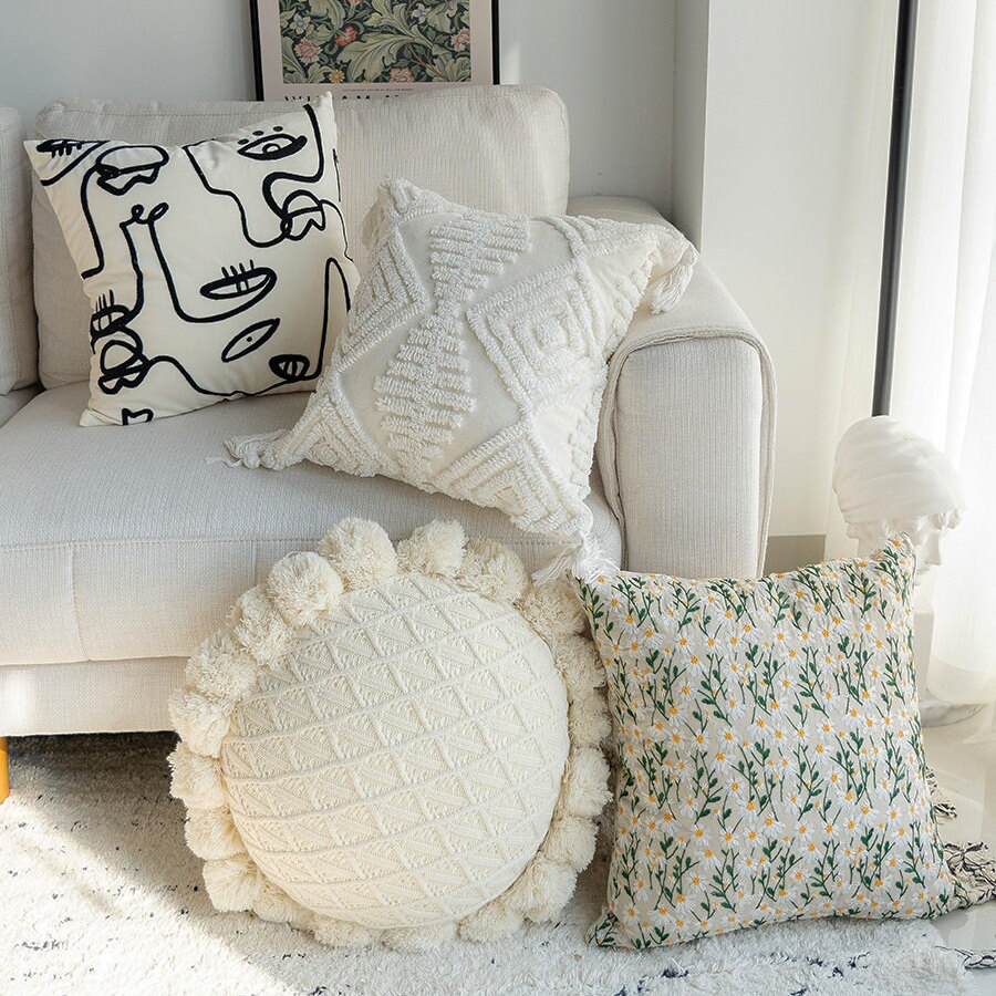Boho White Decorative Pillows for Sofa Cotton Linen 3D Floral Lace  Pillowcase Sofa Cushion Cover Wedding Decor Throw Pillows