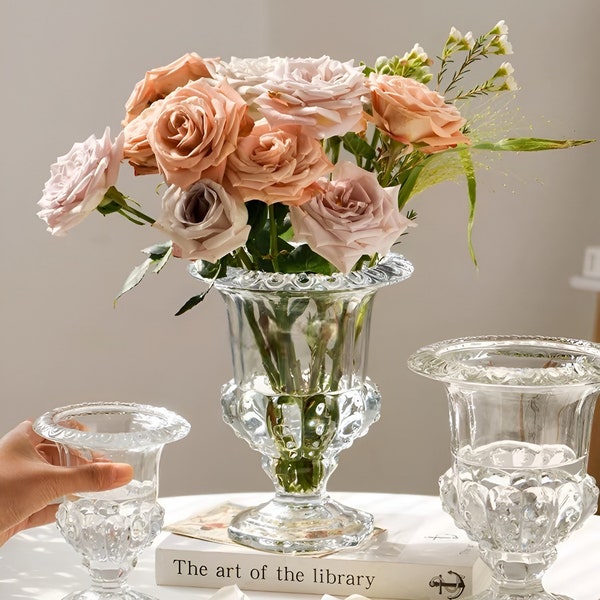 Vase en verre à motifs délicats, vase à fleurs en relief européen, décoration de chambre nordique élégante et raffinée, cadeau de bienvenue à la maison pour elle