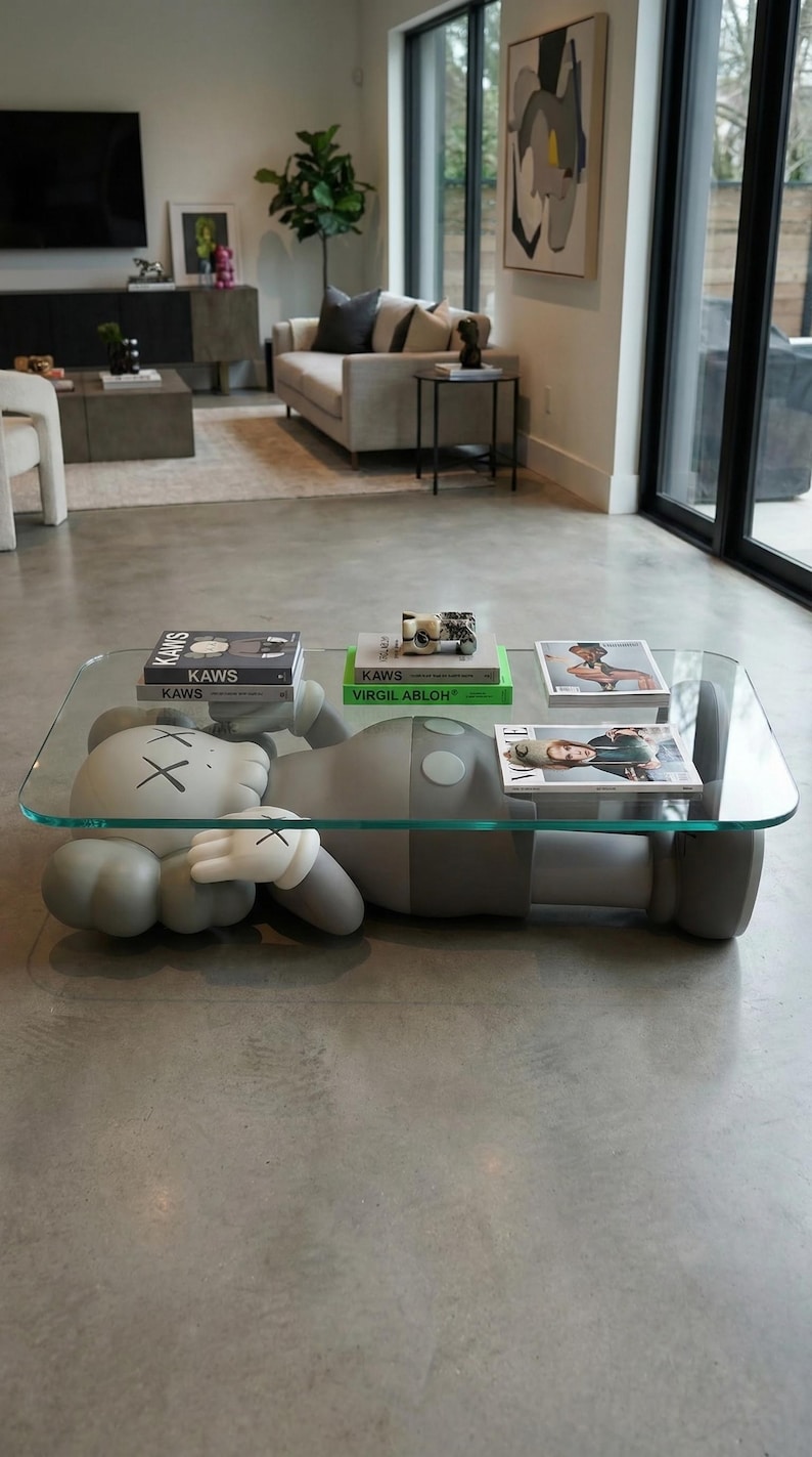 Pode incluir: Uma sala de estar moderna apresenta uma mesa de centro &uacute;nica. A mesa tem um tampo de vidro transparente suportado por uma figura cinza de desenho animado com luvas brancas e olhos riscados. Livros e revistas s&atilde;o exibidos na mesa.