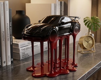 Porsche 911 GT3 RS Sculpture: Black Red Melting Car Statue, Modern Automotive Decor