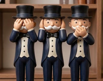 See Hear Speak No Evil Rich Uncle Figurine: Monopoly Inspired Sculpture, Luxury Office Decor