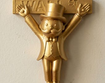 Gold Alec Monopoly Man Wall Cross Sculpture, Dollar Sign Wealth Decor, Pop Art Money Accent