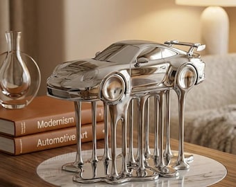 Chrome Melting Porsche 911 GT3 RS Sculpture: 10 Inch Automotive Art Desk Decor