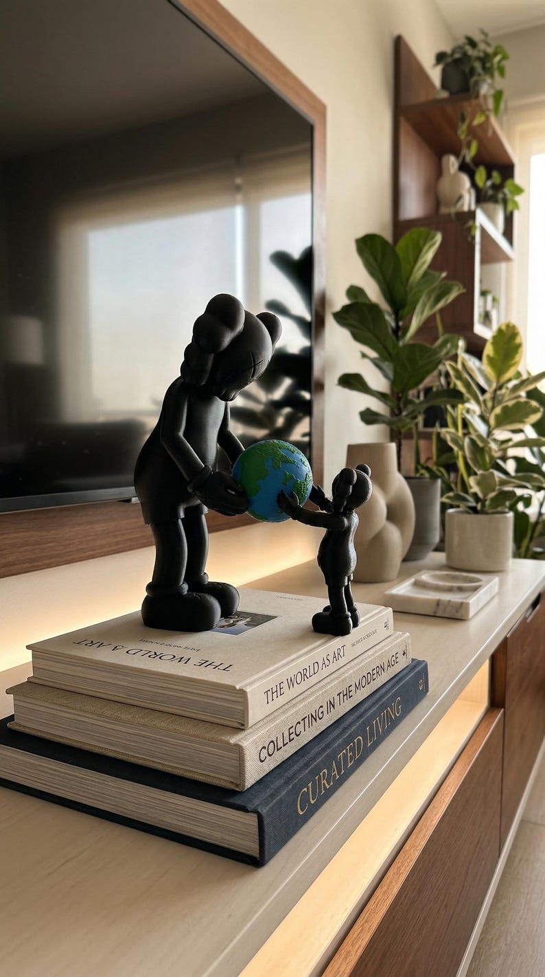 May include: Black sculpture of two figures holding a globe, placed on a stack of books. The larger figure is passing the globe to the smaller one. The books have titles like "The World as Art" and "Curated Living".