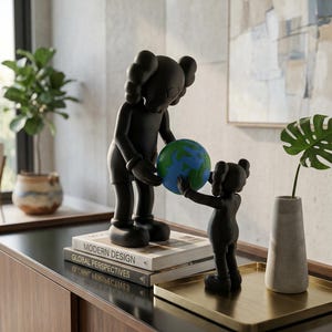May include: Black sculpture of two figures, one large and one small, holding a blue and green globe. The figures are on a wooden cabinet with books and a gold tray. A vase with a plant is also on the tray.