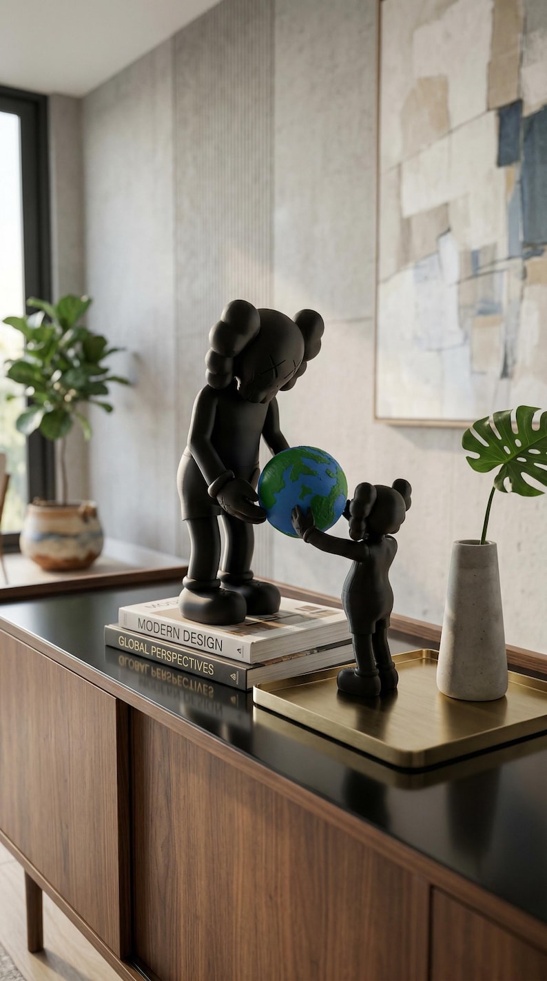 May include: Black sculpture of two figures, one large and one small, holding a blue and green globe. The figures are on a wooden cabinet with books and a gold tray. A vase with a plant is also on the tray.
