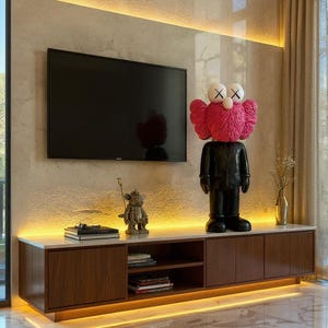 May include: A modern living room with a large flat-screen TV mounted on a textured wall. A dark wood cabinet with open shelving and a marble top sits below the TV. A large sculpture with a pink head and black suit is on the cabinet.