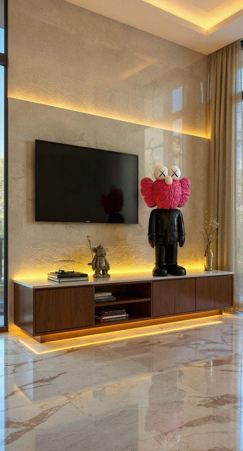 May include: A modern living room with a large flat-screen TV mounted on a textured wall. A dark wood cabinet with open shelving and a marble top sits below the TV. A large sculpture with a pink head and black suit is on the cabinet.