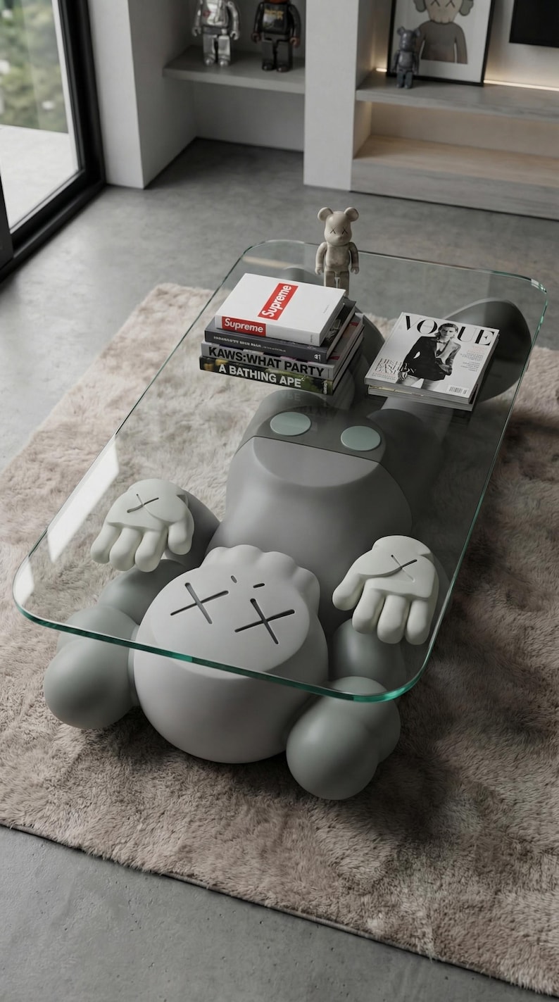 Pode incluir: Uma mesa de centro cinza &uacute;nica com um tampo de vidro transparente, em forma de personagem de desenho animado. A mesa tem m&atilde;os e p&eacute;s brancos, e o rosto do personagem apresenta olhos riscados. Livros e uma revista repousam sobre a superf&iacute;cie de vidro.