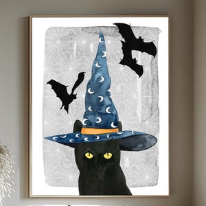 Whimsical Witch Cat Poster: Halloween Black Cat Art