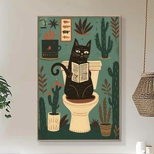 Matisse Kunstdruck schwarze Katze Toiletten-Wand-Dekor, Retro Funky Badezimmer-Poster, rosa Mid Century Modern Illustration