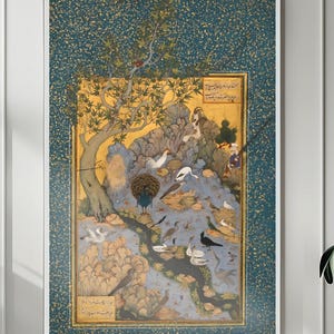 Persian Art Concourse of The Birds (Premium Habiballah Of Sava Print of Traditional Persian Miniature Painting) Bird Wall Art Home Decor