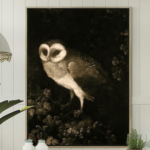 Antique Owl Painting, Vintage Animal Wall Art, Dark Academia Print, Moody Rustic Bird, Poster Print, Aesthetic Folk Art