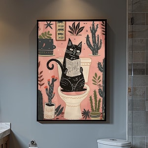 Matisse Kunstdruck schwarze Katze Toilette Dekor, Funky Retro Badezimmer Wandkunst, Mid Century Modern rosa Illustration