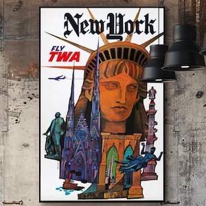 Vintage TWA New York Travel Poster | Iconic NYC Landmarks Print | Retro Statue of Liberty Art | MidCentury Aviation Decor Cityscape Wall Art