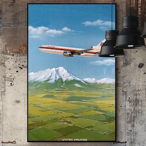 Vintage United Airlines Poster Retro Aviation Art Print, Scenic Landscape, Airline Memorabilia, Flight Decor