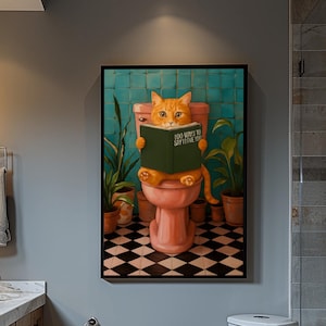 Funny Cat Print Poster for Bathroom Decor, Pink Pooping Cat Wall Art, Poster Art