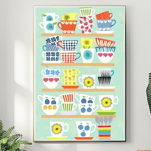 Whimsical Teacup Art Print: Retro Kitchen Decor, Colorful Mugs